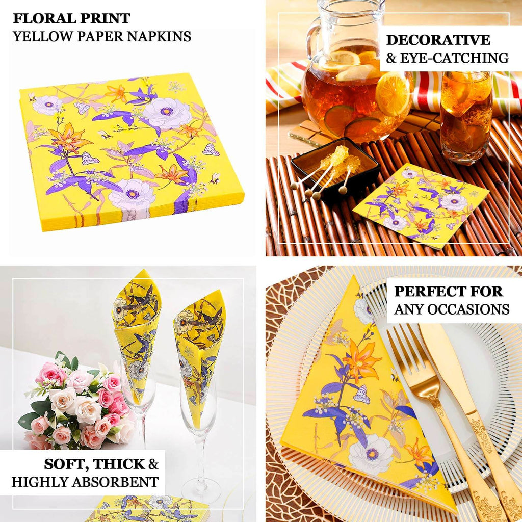 20 - Pack Paper Beverage Napkins with Blooming Flowers Design Yellow - 2 Ply Soft 18GSM Floral Wedding Napkins 6.5"x6.5" - Bell Racket Store