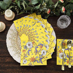 20 - Pack Paper Beverage Napkins with Blooming Flowers Design Yellow - 2 Ply Soft 18GSM Floral Wedding Napkins 6.5"x6.5" - Bell Racket Store