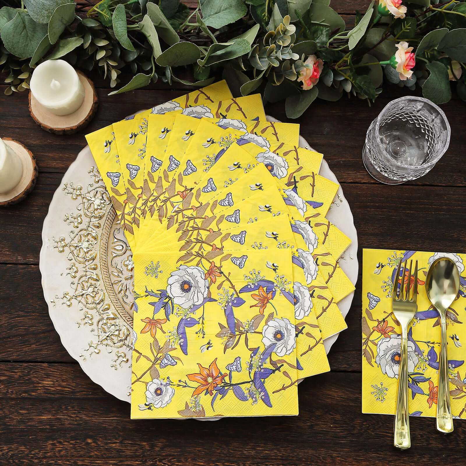 20 - Pack Paper Beverage Napkins with Blooming Flowers Design Yellow - 2 Ply Soft 18GSM Floral Wedding Napkins 6.5"x6.5" - Bell Racket Store