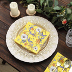 20 - Pack Paper Beverage Napkins with Blooming Flowers Design Yellow - 2 Ply Soft 18GSM Floral Wedding Napkins 6.5"x6.5" - Bell Racket Store