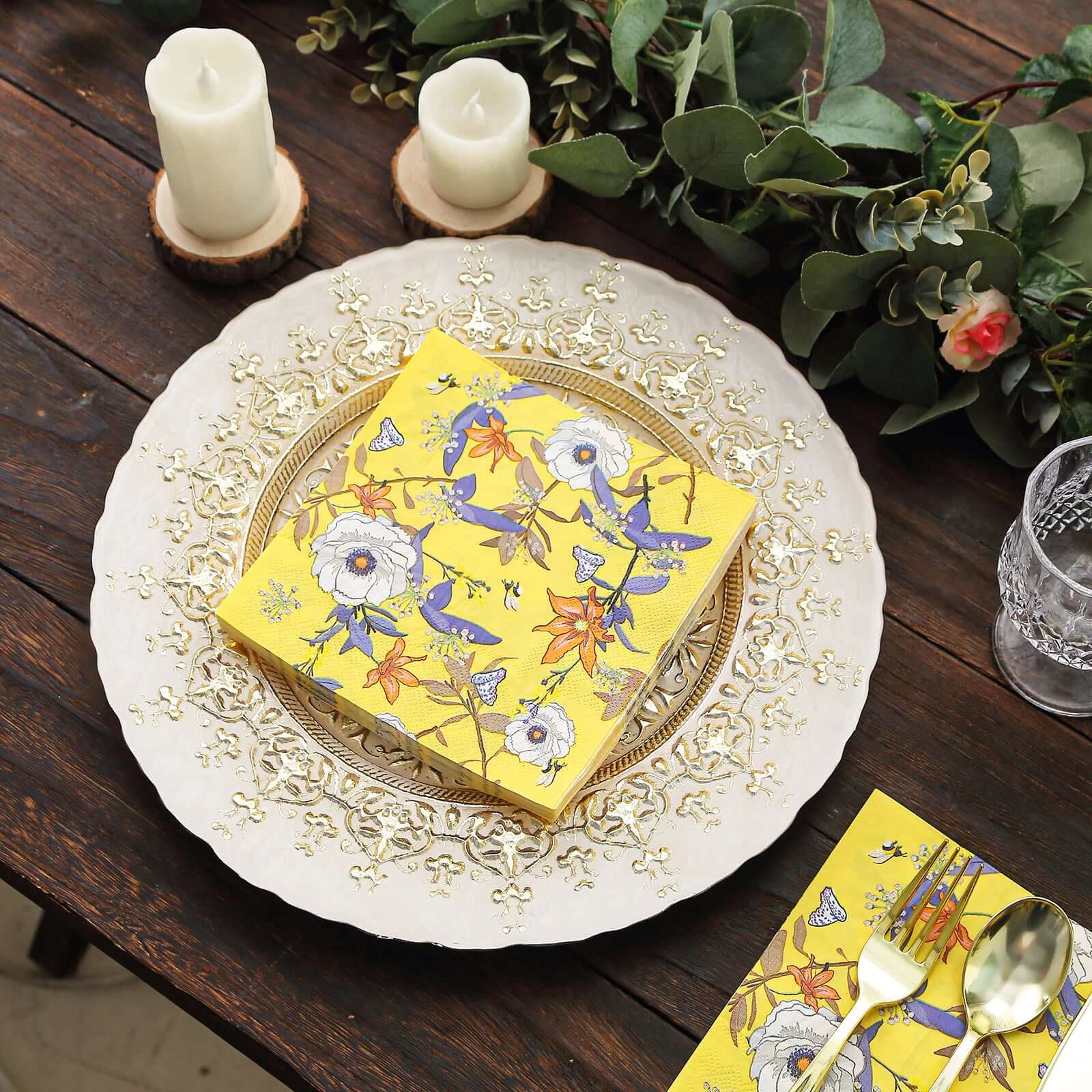 20 - Pack Paper Beverage Napkins with Blooming Flowers Design Yellow - 2 Ply Soft 18GSM Floral Wedding Napkins 6.5"x6.5" - Bell Racket Store