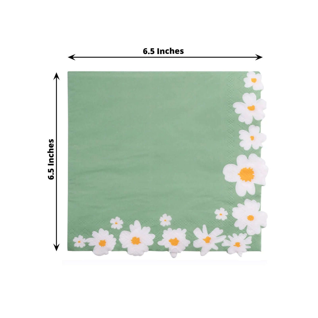 20 - Pack Paper Beverage Napkins with Daisy Flower Design Sage Green - 2 Ply Soft 18GSM Floral Wedding Napkins 6.5"x6.5" - Bell Racket Store