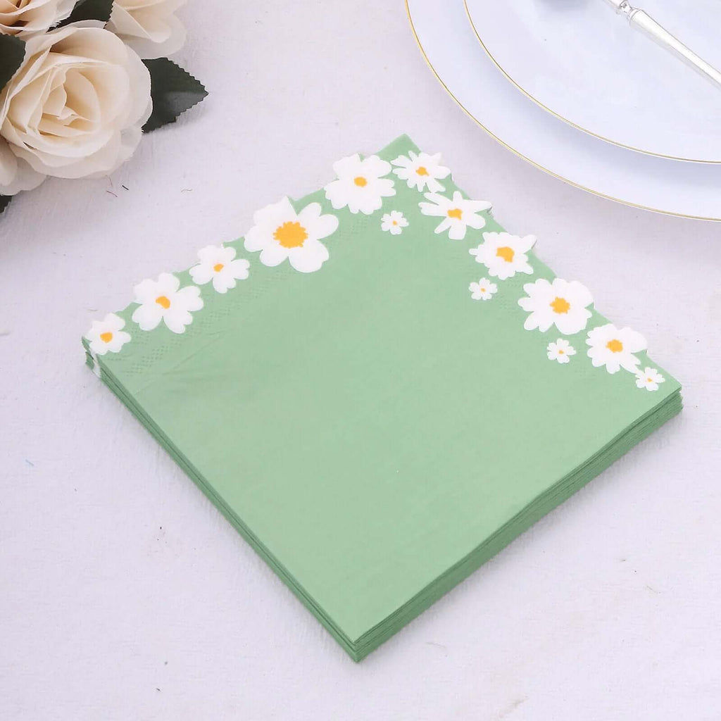20 - Pack Paper Beverage Napkins with Daisy Flower Design Sage Green - 2 Ply Soft 18GSM Floral Wedding Napkins 6.5"x6.5" - Bell Racket Store