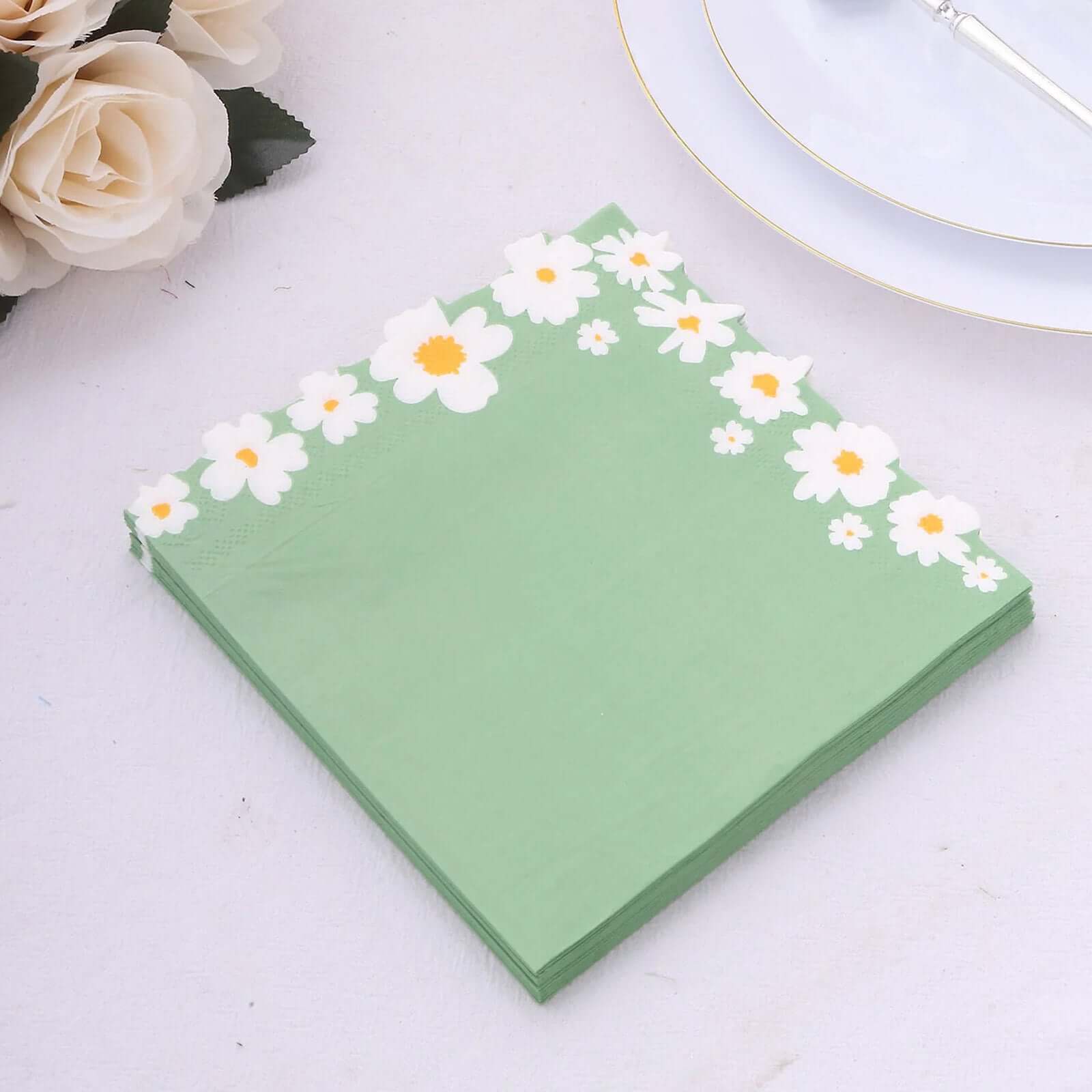 20 - Pack Paper Beverage Napkins with Daisy Flower Design Sage Green - 2 Ply Soft 18GSM Floral Wedding Napkins 6.5"x6.5" - Bell Racket Store