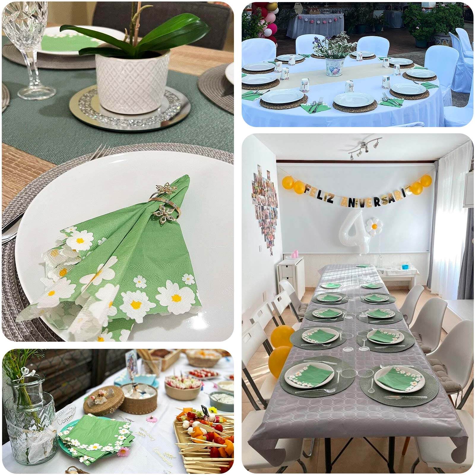 20 - Pack Paper Beverage Napkins with Daisy Flower Design Sage Green - 2 Ply Soft 18GSM Floral Wedding Napkins 6.5"x6.5" - Bell Racket Store