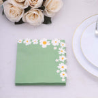 20 - Pack Paper Beverage Napkins with Daisy Flower Design Sage Green - 2 Ply Soft 18GSM Floral Wedding Napkins 6.5"x6.5" - Bell Racket Store