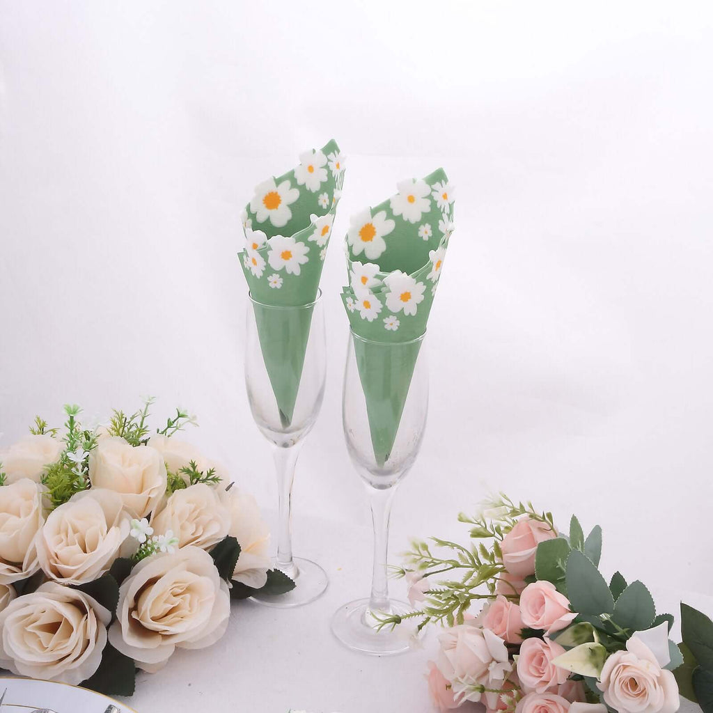 20 - Pack Paper Beverage Napkins with Daisy Flower Design Sage Green - 2 Ply Soft 18GSM Floral Wedding Napkins 6.5"x6.5" - Bell Racket Store