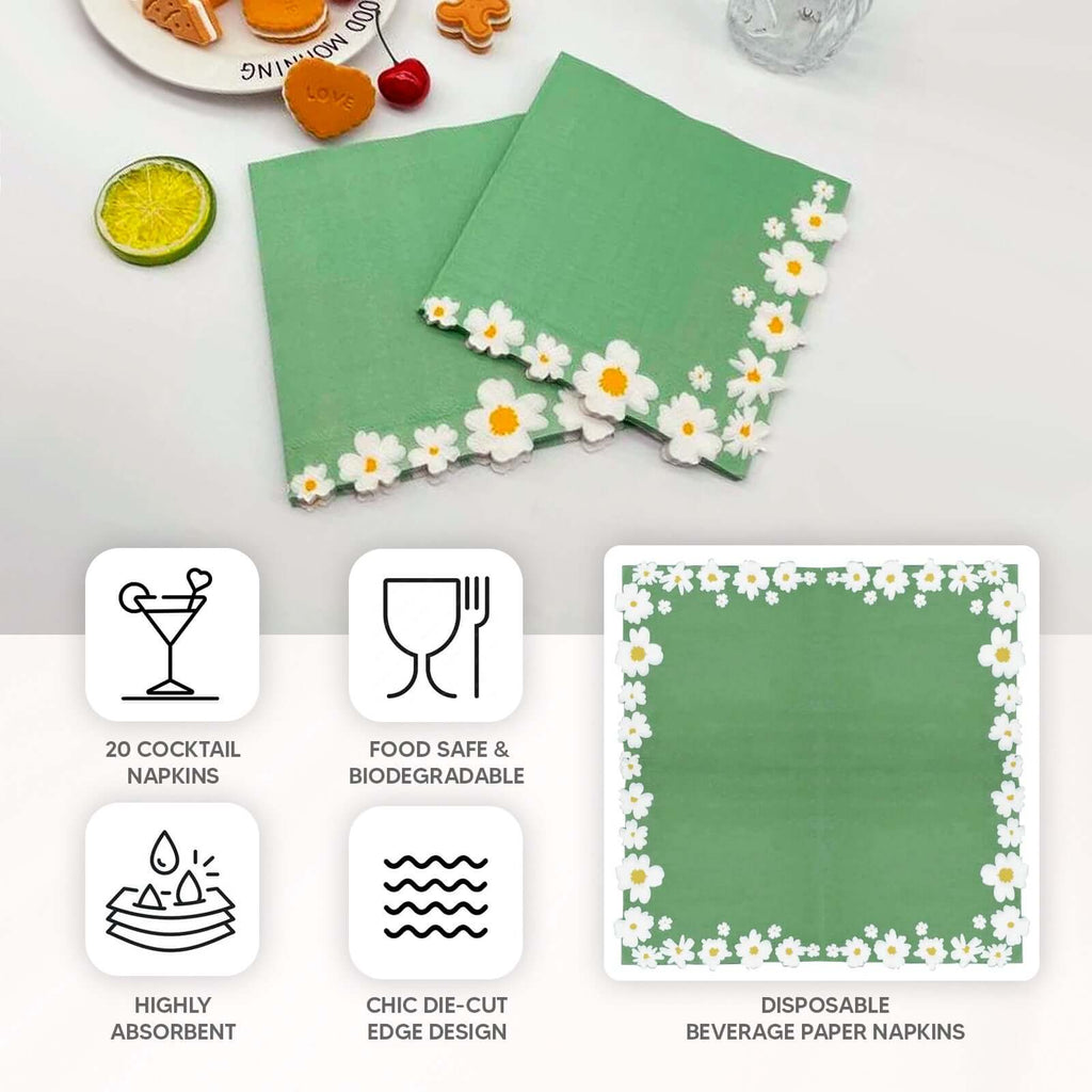 20 - Pack Paper Beverage Napkins with Daisy Flower Design Sage Green - 2 Ply Soft 18GSM Floral Wedding Napkins 6.5"x6.5" - Bell Racket Store