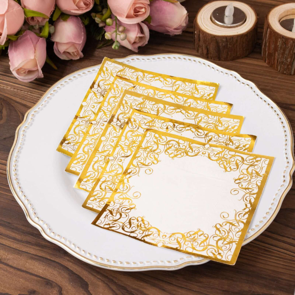20 - Pack Paper Beverage Napkins with Gold Foil Lace Design White - 3 Ply Disposable 18GSM European Style Cocktail Napkins 5"x5" - Bell Racket Store