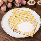 20 - Pack Paper Beverage Napkins with Gold Foil Lace Design White - 3 Ply Disposable 18GSM European Style Cocktail Napkins 5"x5" - Bell Racket Store