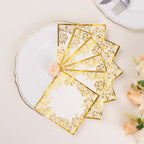 20 - Pack Paper Beverage Napkins with Gold Foil Lace Design White - 3 Ply Disposable 18GSM European Style Cocktail Napkins 5"x5" - Bell Racket Store