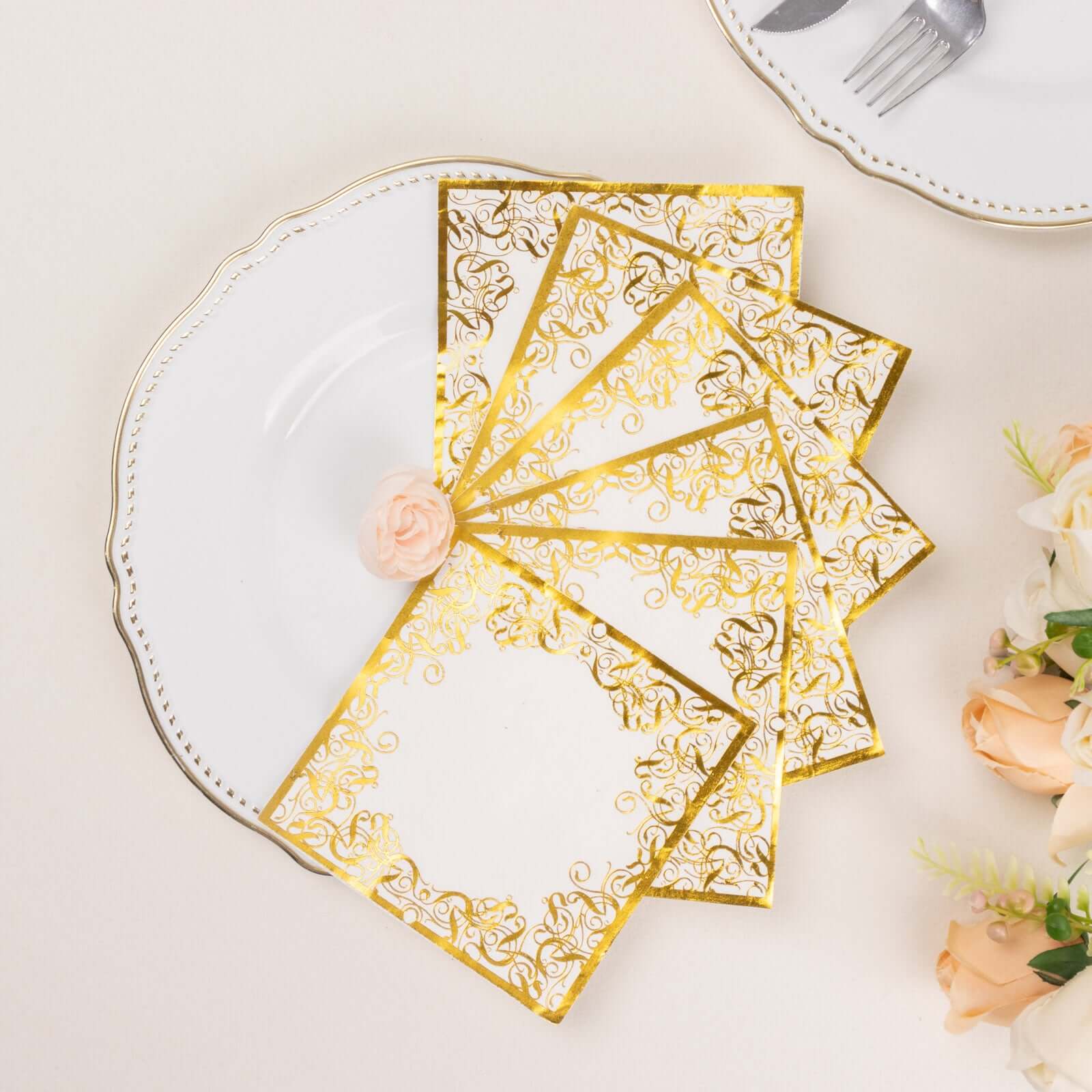 20 - Pack Paper Beverage Napkins with Gold Foil Lace Design White - 3 Ply Disposable 18GSM European Style Cocktail Napkins 5"x5" - Bell Racket Store