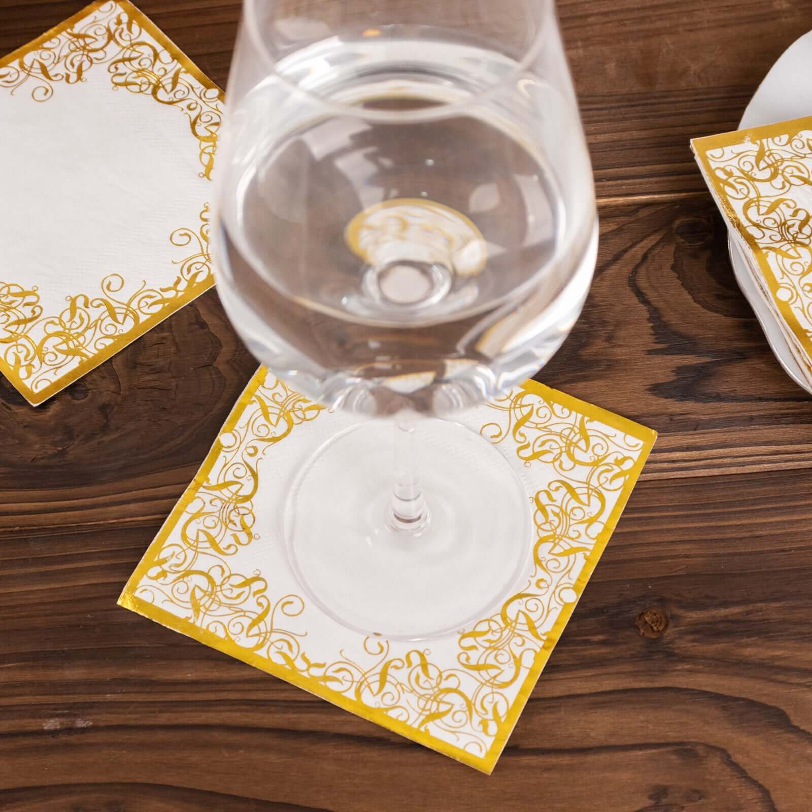 20 - Pack Paper Beverage Napkins with Gold Foil Lace Design White - 3 Ply Disposable 18GSM European Style Cocktail Napkins 5"x5" - Bell Racket Store