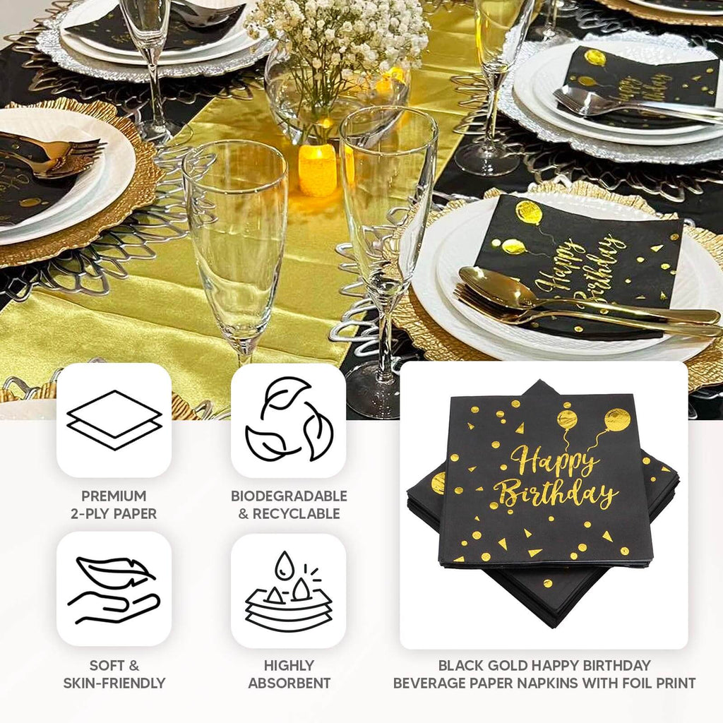 20 - Pack Paper Beverage Napkins with Happy Birthday Foil Print Black/Gold - 2 Ply Disposable 18GSM Soft Party Napkins 6.5"x6.5" - Bell Racket Store