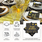 20 - Pack Paper Beverage Napkins with Happy Birthday Foil Print Black/Gold - 2 Ply Disposable 18GSM Soft Party Napkins 6.5"x6.5" - Bell Racket Store