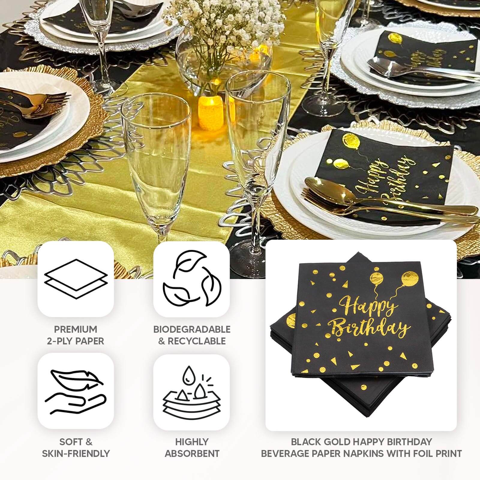 20 - Pack Paper Beverage Napkins with Happy Birthday Foil Print Black/Gold - 2 Ply Disposable 18GSM Soft Party Napkins 6.5"x6.5" - Bell Racket Store