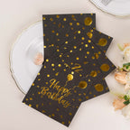 20 - Pack Paper Beverage Napkins with Happy Birthday Foil Print Black/Gold - 2 Ply Disposable 18GSM Soft Party Napkins 6.5"x6.5" - Bell Racket Store
