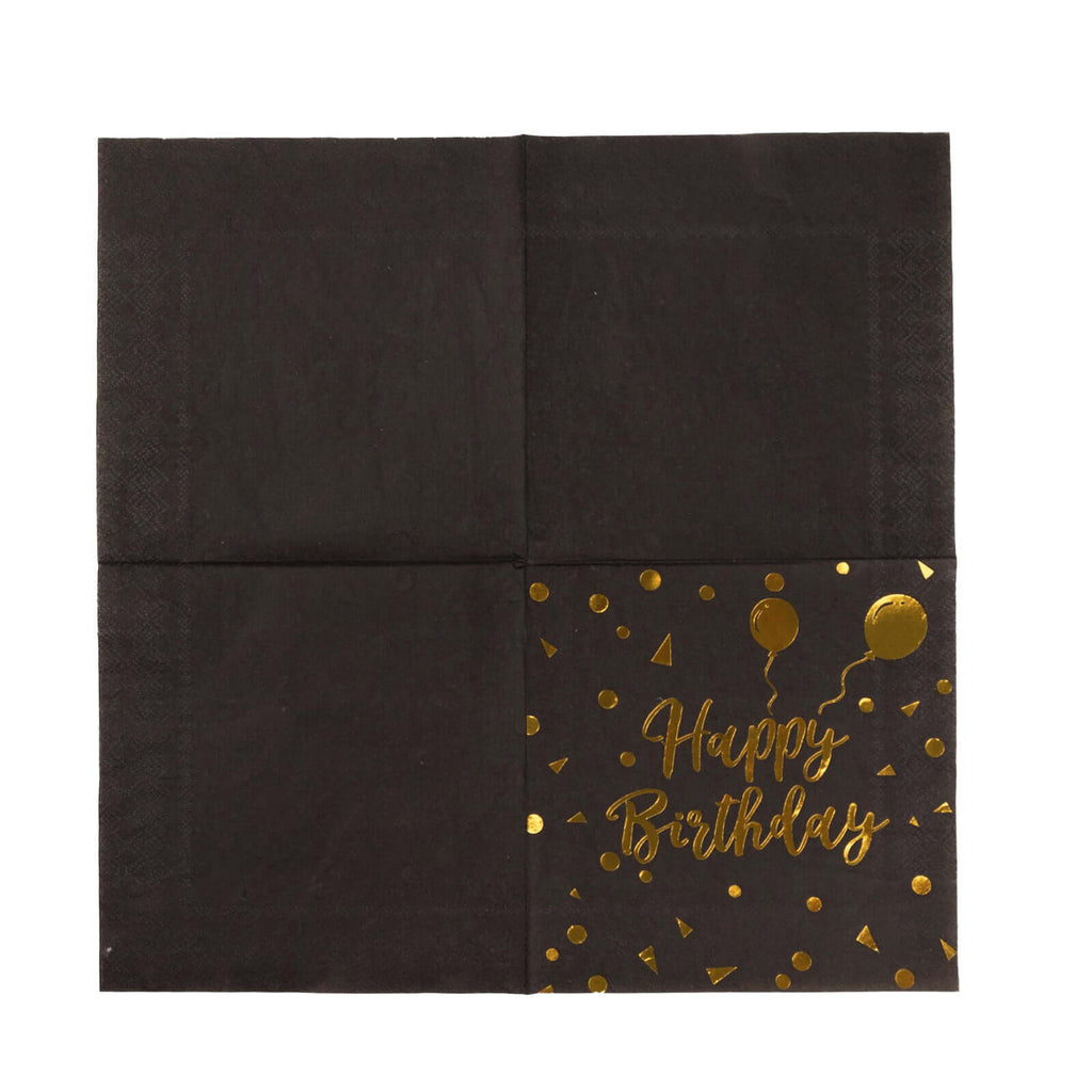 20 - Pack Paper Beverage Napkins with Happy Birthday Foil Print Black/Gold - 2 Ply Disposable 18GSM Soft Party Napkins 6.5"x6.5" - Bell Racket Store