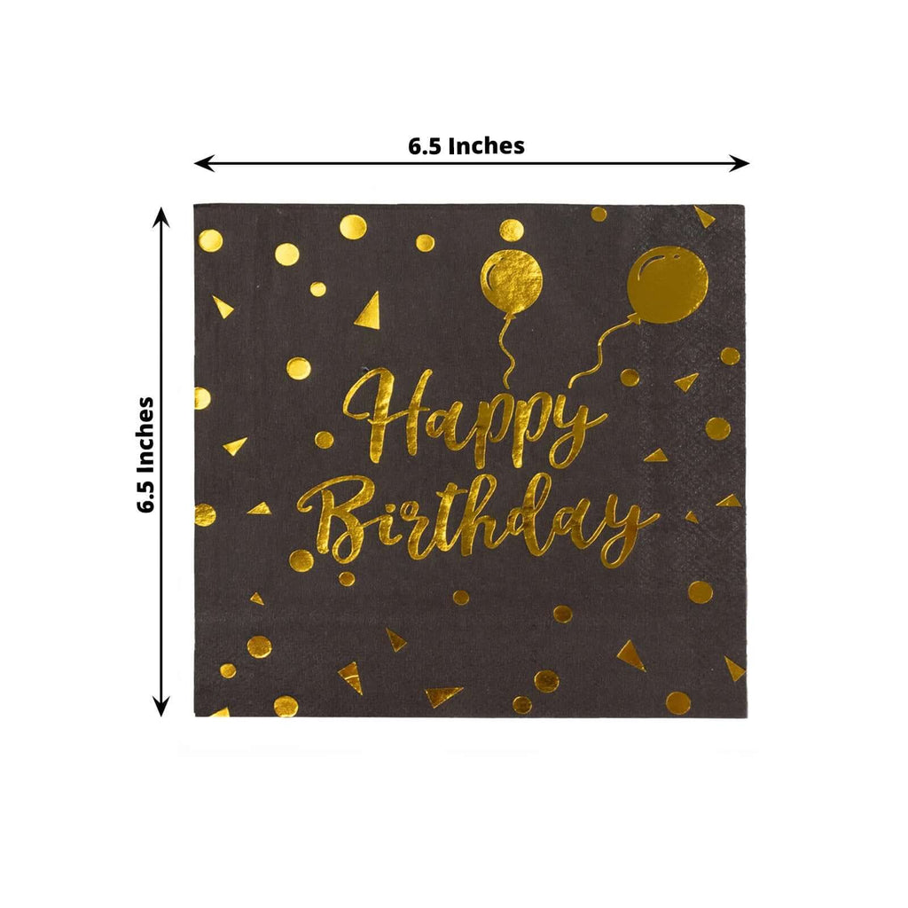 20 - Pack Paper Beverage Napkins with Happy Birthday Foil Print Black/Gold - 2 Ply Disposable 18GSM Soft Party Napkins 6.5"x6.5" - Bell Racket Store
