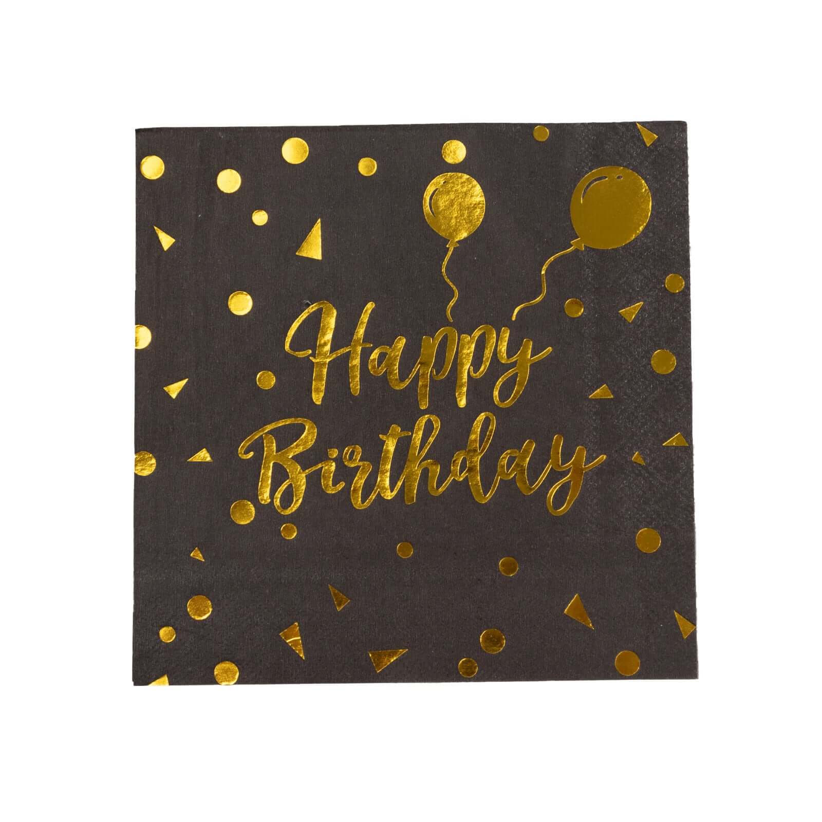 20 - Pack Paper Beverage Napkins with Happy Birthday Foil Print Black/Gold - 2 Ply Disposable 18GSM Soft Party Napkins 6.5"x6.5" - Bell Racket Store