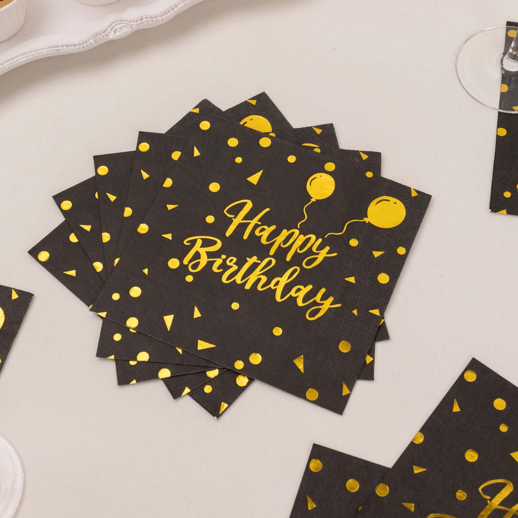 20 - Pack Paper Beverage Napkins with Happy Birthday Foil Print Black/Gold - 2 Ply Disposable 18GSM Soft Party Napkins 6.5"x6.5" - Bell Racket Store