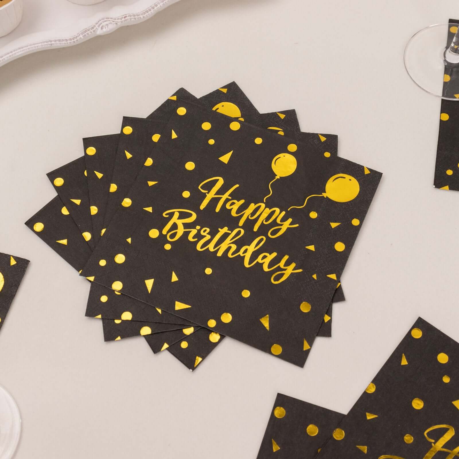 20 - Pack Paper Beverage Napkins with Happy Birthday Foil Print Black/Gold - 2 Ply Disposable 18GSM Soft Party Napkins 6.5"x6.5" - Bell Racket Store