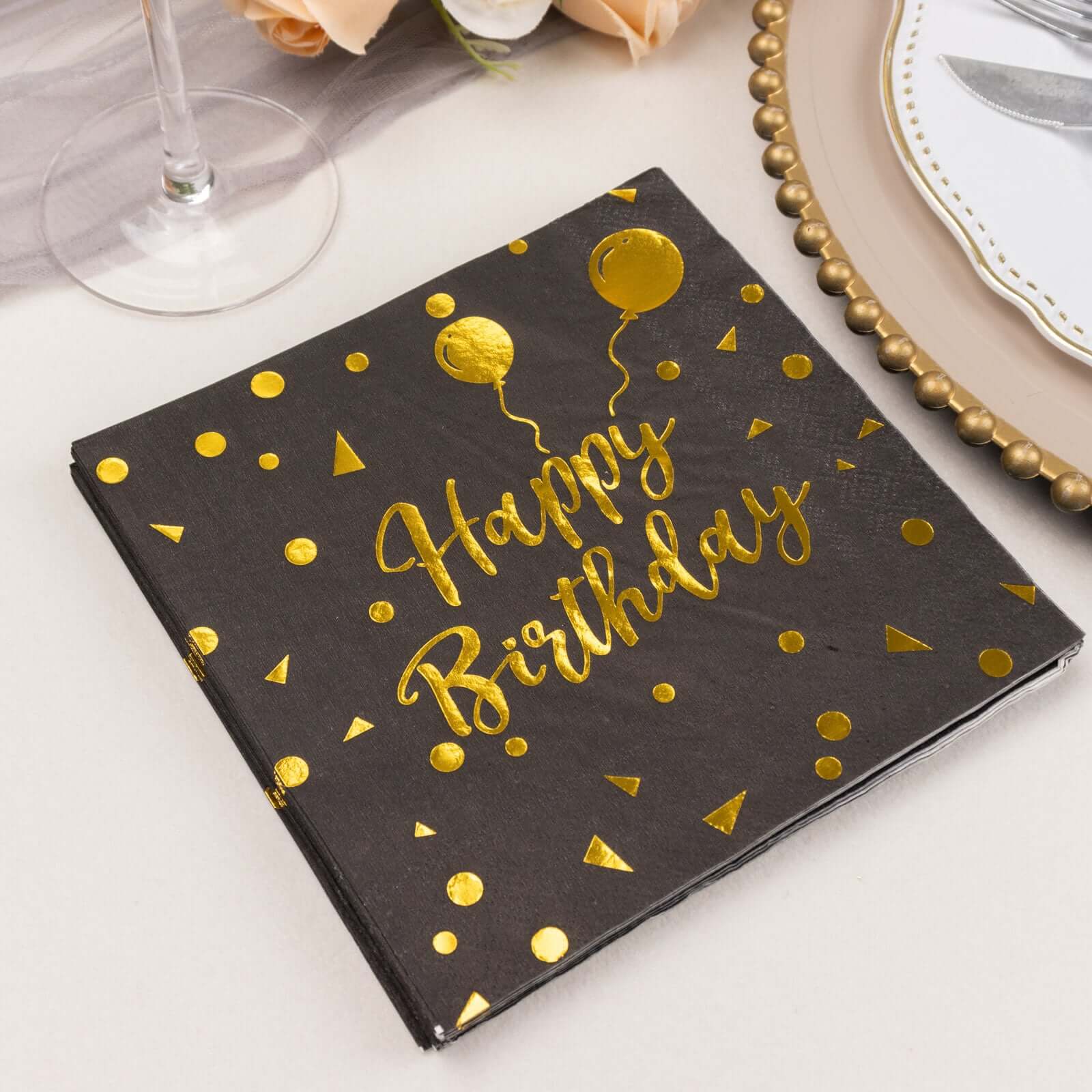 20 - Pack Paper Beverage Napkins with Happy Birthday Foil Print Black/Gold - 2 Ply Disposable 18GSM Soft Party Napkins 6.5"x6.5" - Bell Racket Store
