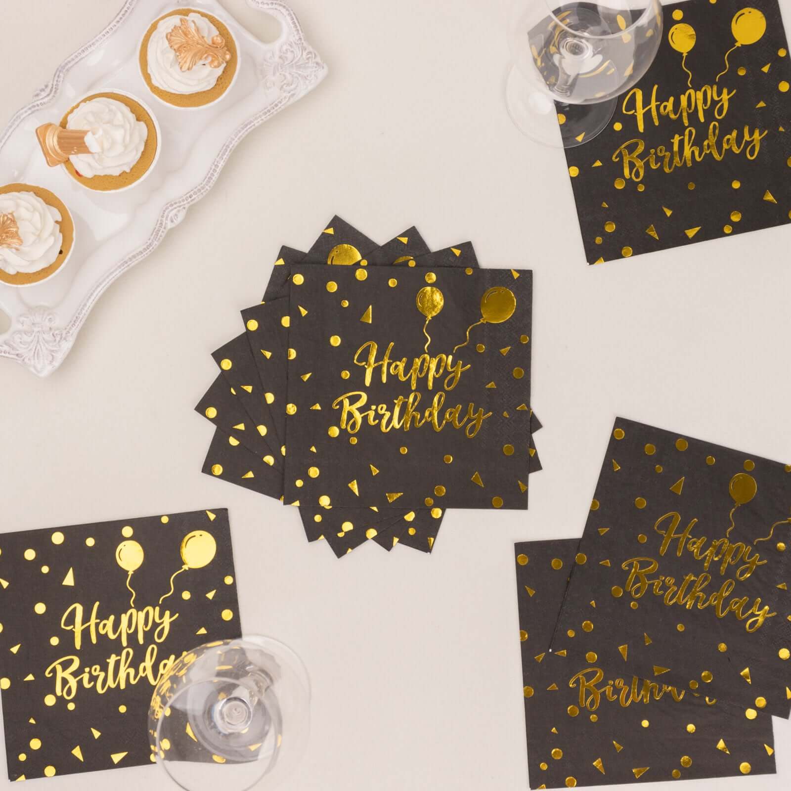 20 - Pack Paper Beverage Napkins with Happy Birthday Foil Print Black/Gold - 2 Ply Disposable 18GSM Soft Party Napkins 6.5"x6.5" - Bell Racket Store