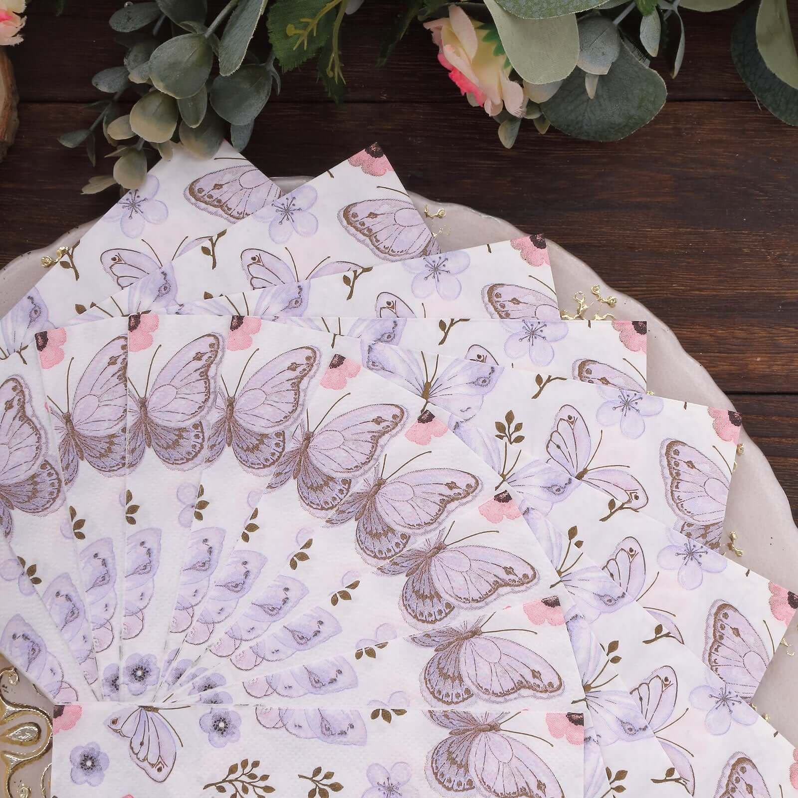 20 - Pack Paper Beverage Napkins with Lavender Butterfly Floral Design Ivory - 2 Ply Soft 18GSM Garden Wedding Napkins 6.5"x6.5" - Bell Racket Store