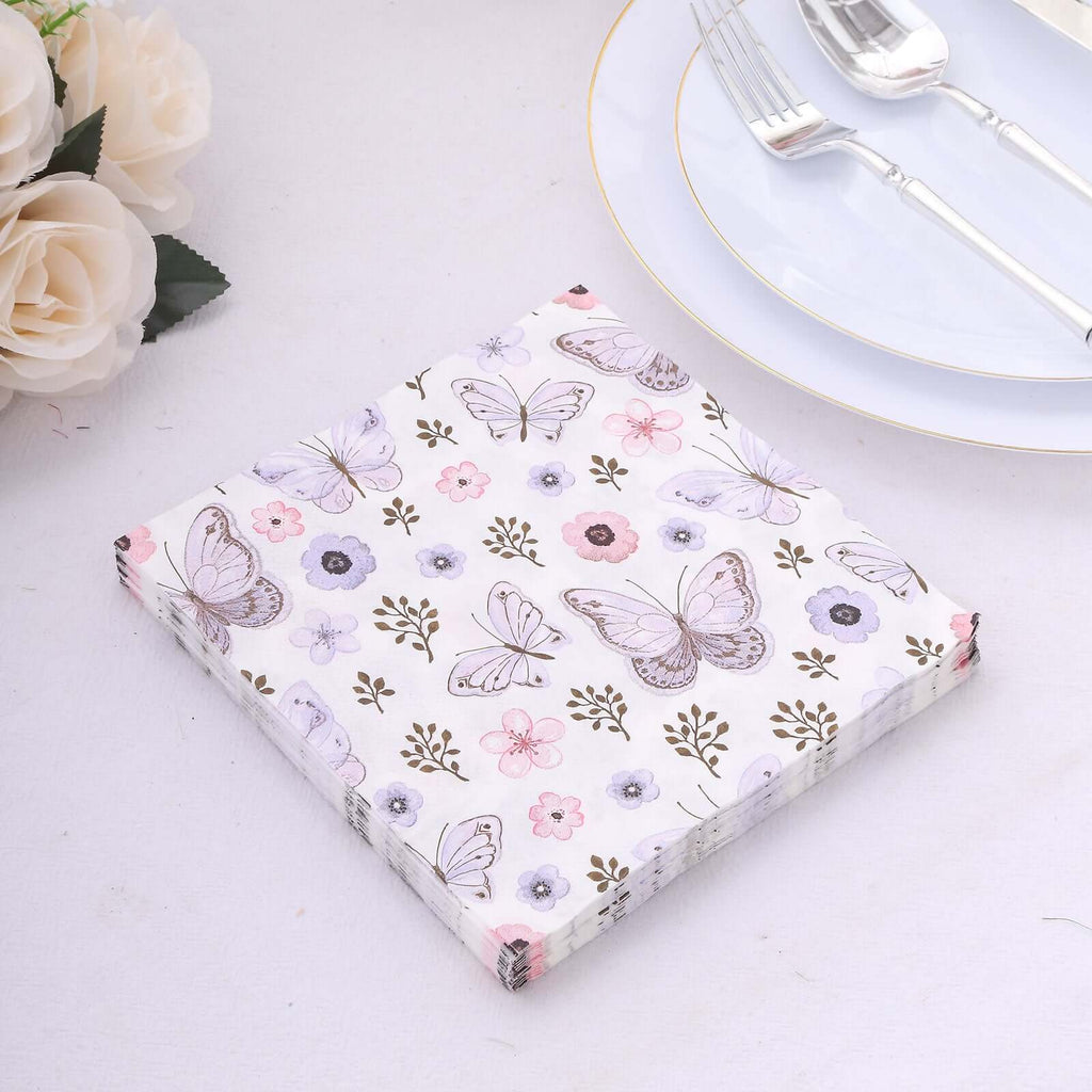 20 - Pack Paper Beverage Napkins with Lavender Butterfly Floral Design Ivory - 2 Ply Soft 18GSM Garden Wedding Napkins 6.5"x6.5" - Bell Racket Store