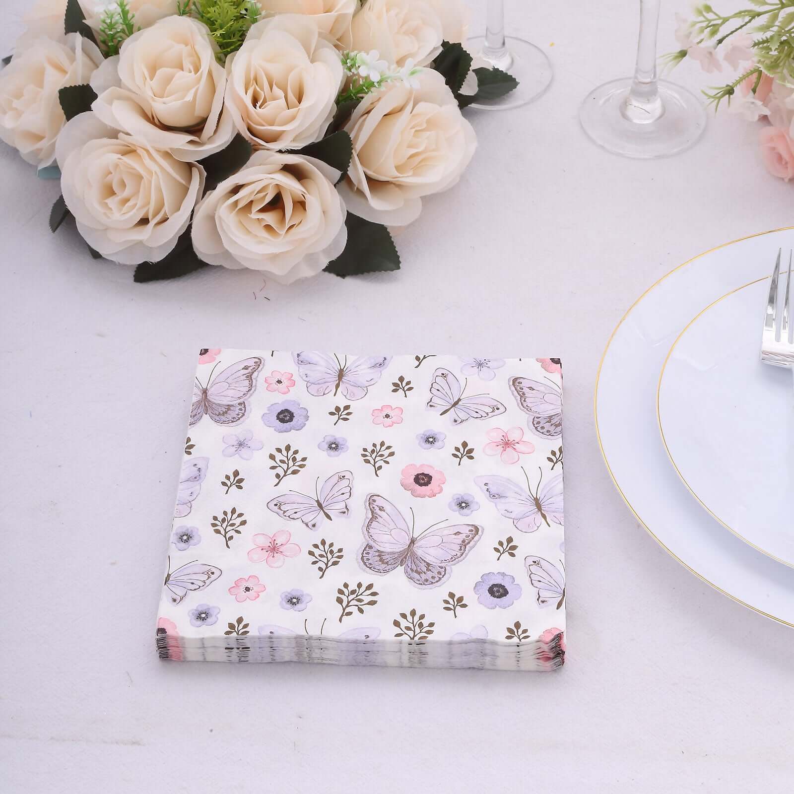 20 - Pack Paper Beverage Napkins with Lavender Butterfly Floral Design Ivory - 2 Ply Soft 18GSM Garden Wedding Napkins 6.5"x6.5" - Bell Racket Store