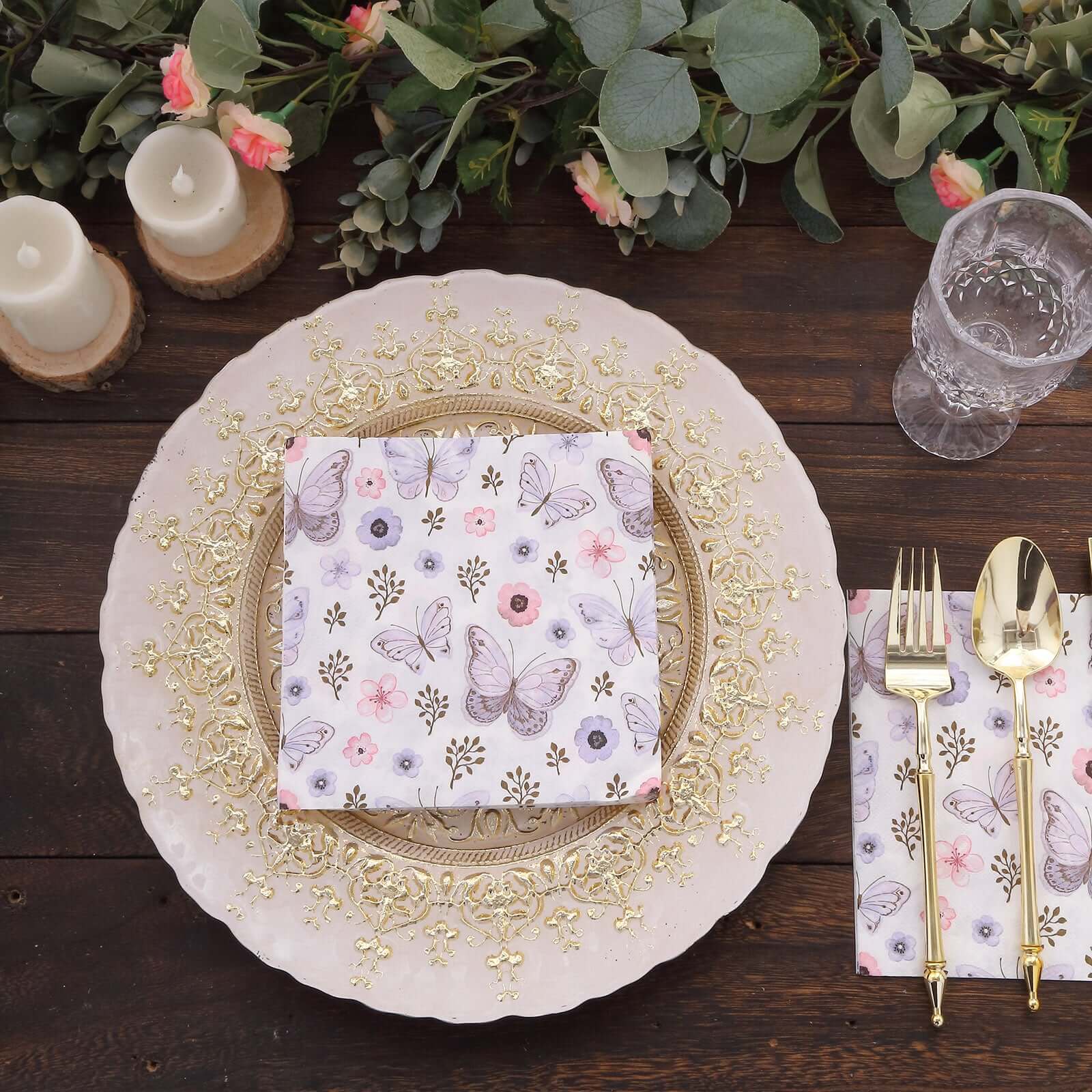 20 - Pack Paper Beverage Napkins with Lavender Butterfly Floral Design Ivory - 2 Ply Soft 18GSM Garden Wedding Napkins 6.5"x6.5" - Bell Racket Store