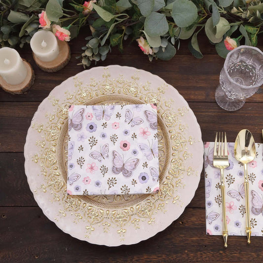 20 - Pack Paper Beverage Napkins with Lavender Butterfly Floral Design Ivory - 2 Ply Soft 18GSM Garden Wedding Napkins 6.5"x6.5" - Bell Racket Store
