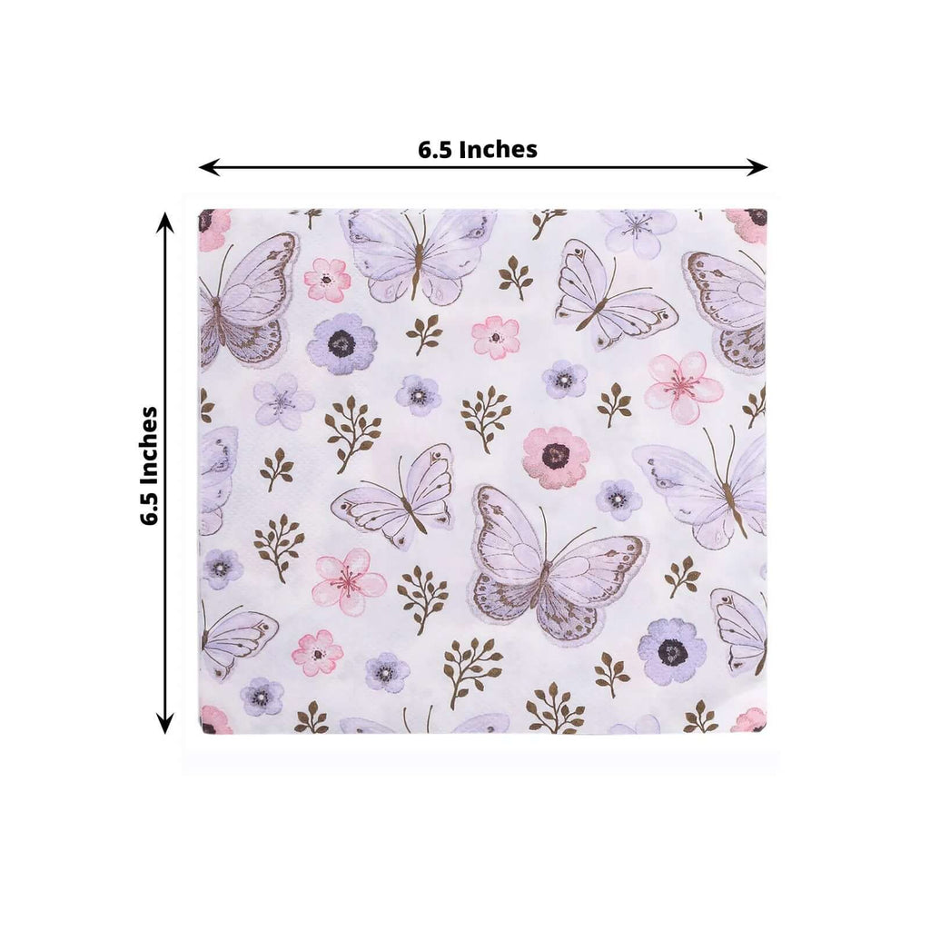 20 - Pack Paper Beverage Napkins with Lavender Butterfly Floral Design Ivory - 2 Ply Soft 18GSM Garden Wedding Napkins 6.5"x6.5" - Bell Racket Store