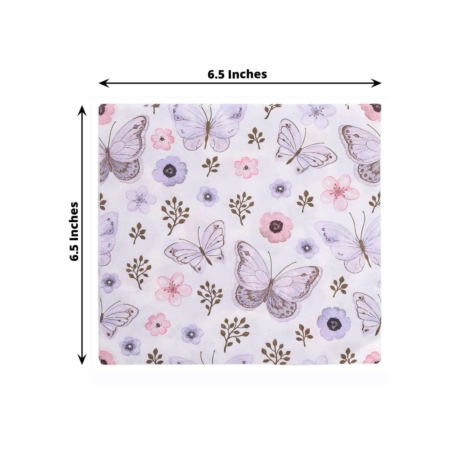 20 - Pack Paper Beverage Napkins with Lavender Butterfly Floral Design Ivory - 2 Ply Soft 18GSM Garden Wedding Napkins 6.5"x6.5" - Bell Racket Store