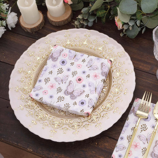 20 - Pack Paper Beverage Napkins with Lavender Butterfly Floral Design Ivory - 2 Ply Soft 18GSM Garden Wedding Napkins 6.5"x6.5" - Bell Racket Store