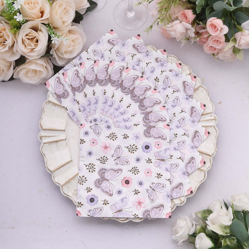 20 - Pack Paper Beverage Napkins with Lavender Butterfly Floral Design Ivory - 2 Ply Soft 18GSM Garden Wedding Napkins 6.5"x6.5" - Bell Racket Store