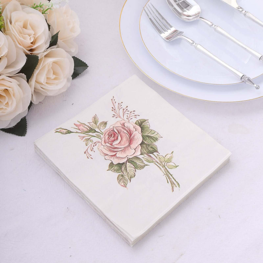 20 - Pack Paper Beverage Napkins with Pink Floral Design Ivory - 2 Ply Soft 18GSM Rose Garden Wedding Napkins 6.5"x6.5" - Bell Racket Store