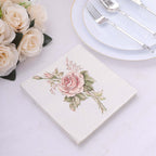 20 - Pack Paper Beverage Napkins with Pink Floral Design Ivory - 2 Ply Soft 18GSM Rose Garden Wedding Napkins 6.5"x6.5" - Bell Racket Store