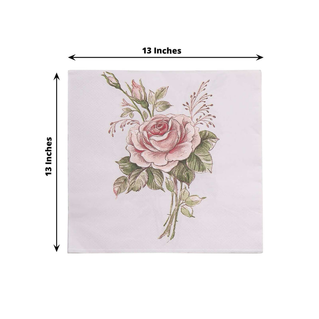 20 - Pack Paper Beverage Napkins with Pink Floral Design Ivory - 2 Ply Soft 18GSM Rose Garden Wedding Napkins 6.5"x6.5" - Bell Racket Store
