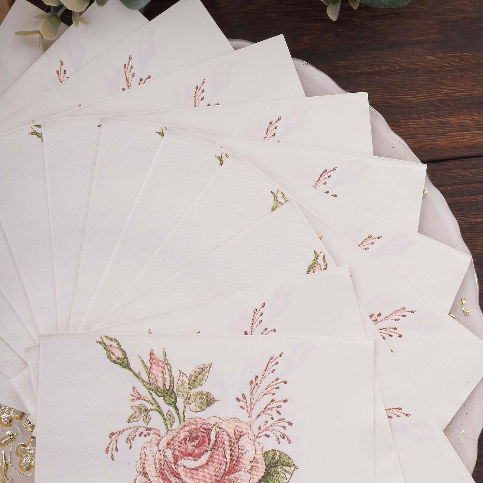 20 - Pack Paper Beverage Napkins with Pink Floral Design Ivory - 2 Ply Soft 18GSM Rose Garden Wedding Napkins 6.5"x6.5" - Bell Racket Store