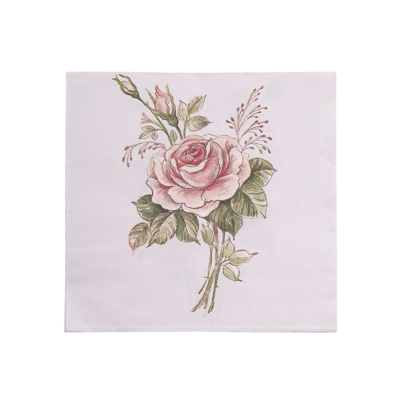 20 - Pack Paper Beverage Napkins with Pink Floral Design Ivory - 2 Ply Soft 18GSM Rose Garden Wedding Napkins 6.5"x6.5" - Bell Racket Store
