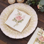 20 - Pack Paper Beverage Napkins with Pink Floral Design Ivory - 2 Ply Soft 18GSM Rose Garden Wedding Napkins 6.5"x6.5" - Bell Racket Store