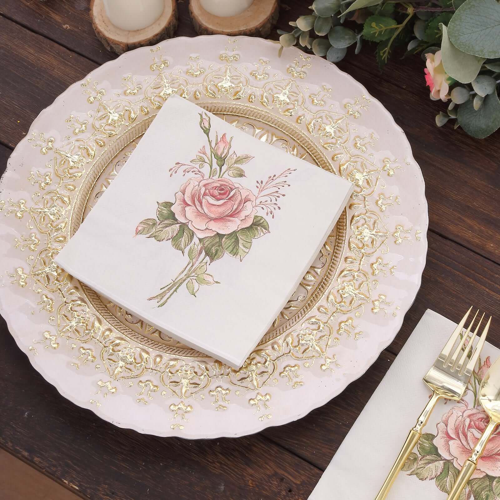20 - Pack Paper Beverage Napkins with Pink Floral Design Ivory - 2 Ply Soft 18GSM Rose Garden Wedding Napkins 6.5"x6.5" - Bell Racket Store