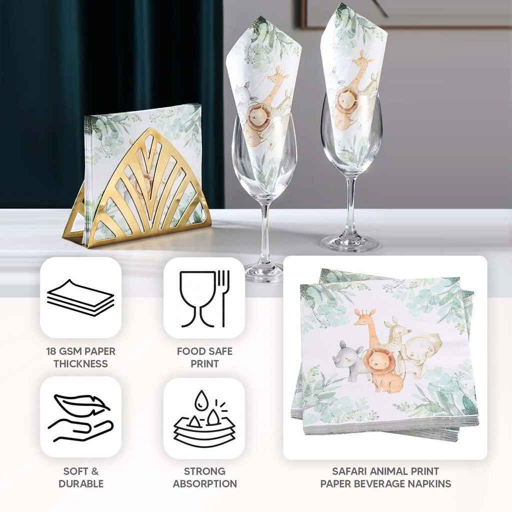 20 - Pack Paper Beverage Napkins with Safari Animal Print - Jungle Theme 2 Ply Disposable Party Napkins 6.5"x6.5" 18GSM - Bell Racket Store