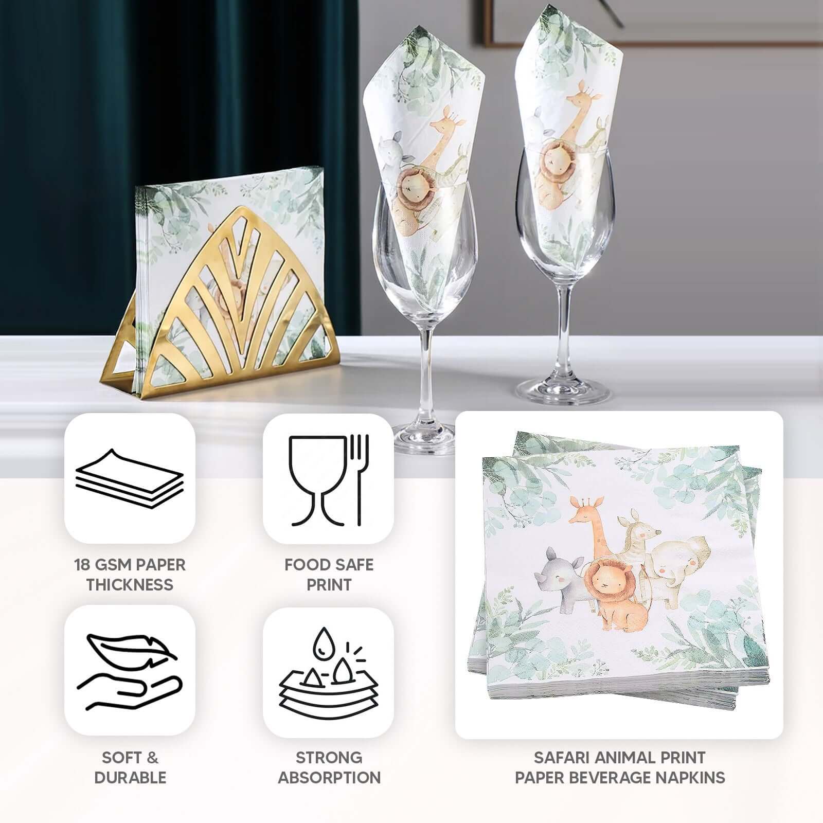 20 - Pack Paper Beverage Napkins with Safari Animal Print - Jungle Theme 2 Ply Disposable Party Napkins 6.5"x6.5" 18GSM - Bell Racket Store