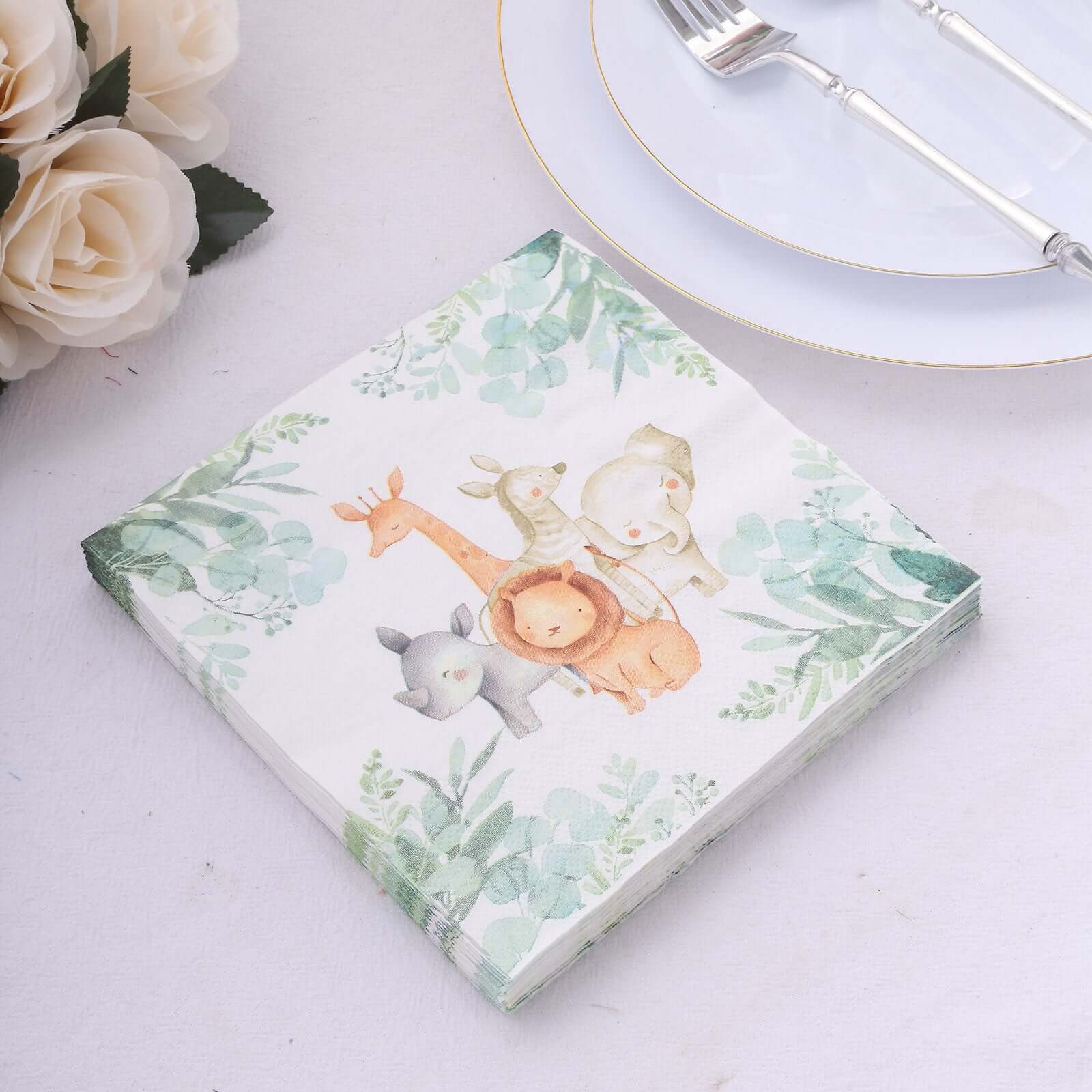 20 - Pack Paper Beverage Napkins with Safari Animal Print - Jungle Theme 2 Ply Disposable Party Napkins 6.5"x6.5" 18GSM - Bell Racket Store