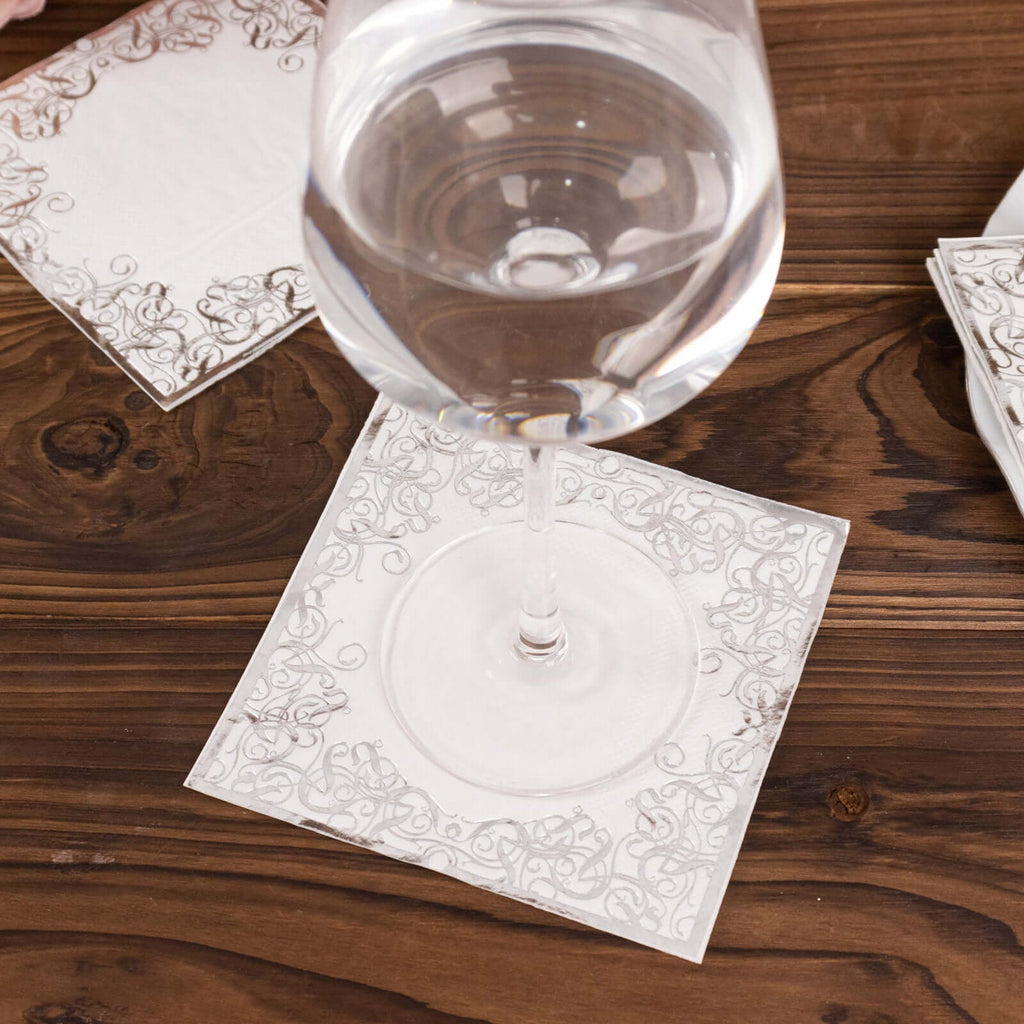 20 - Pack Paper Beverage Napkins with Silver Foil Lace Design White - 3 Ply Disposable 18GSM European Style Cocktail Napkins 5"x5" - Bell Racket Store