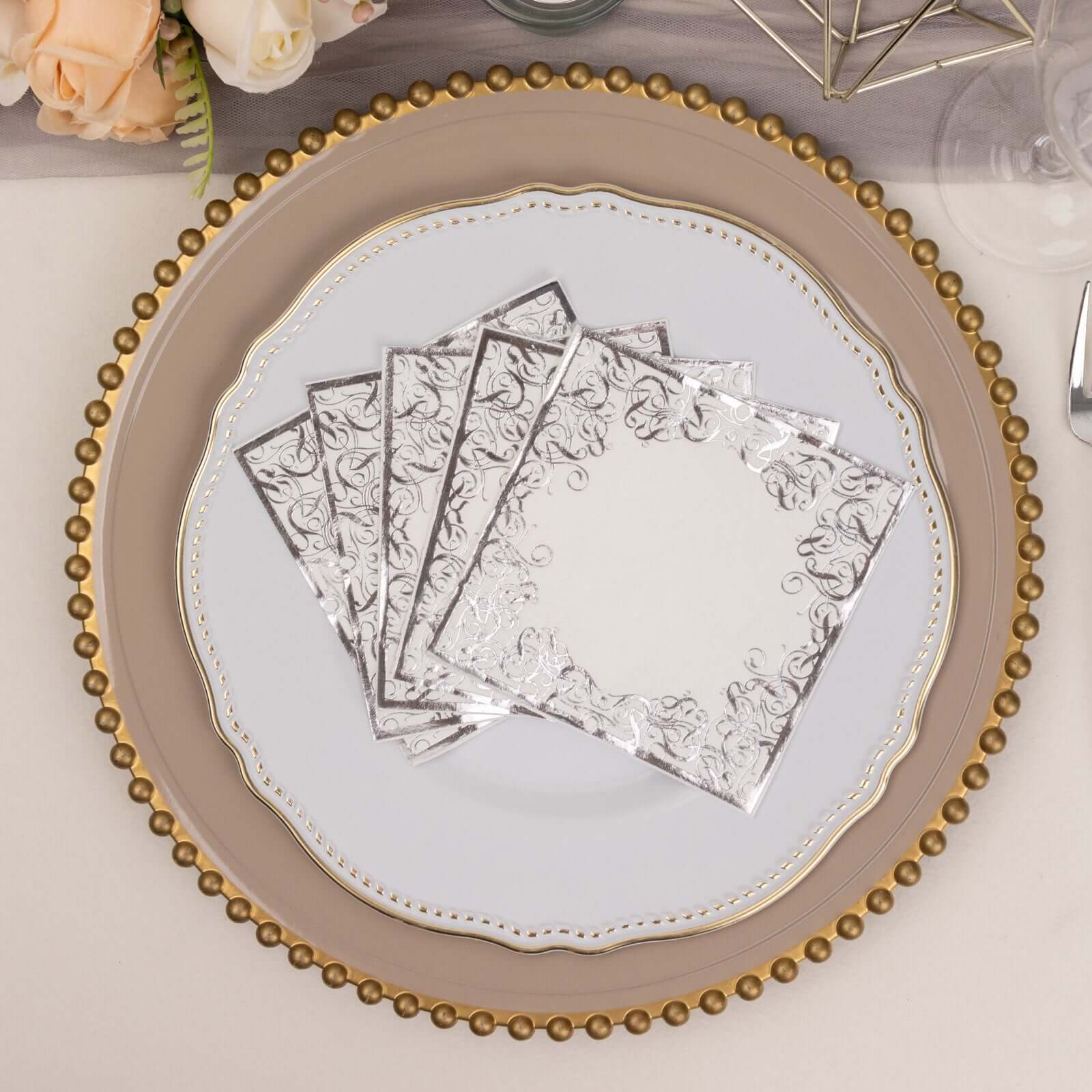 20 - Pack Paper Beverage Napkins with Silver Foil Lace Design White - 3 Ply Disposable 18GSM European Style Cocktail Napkins 5"x5" - Bell Racket Store