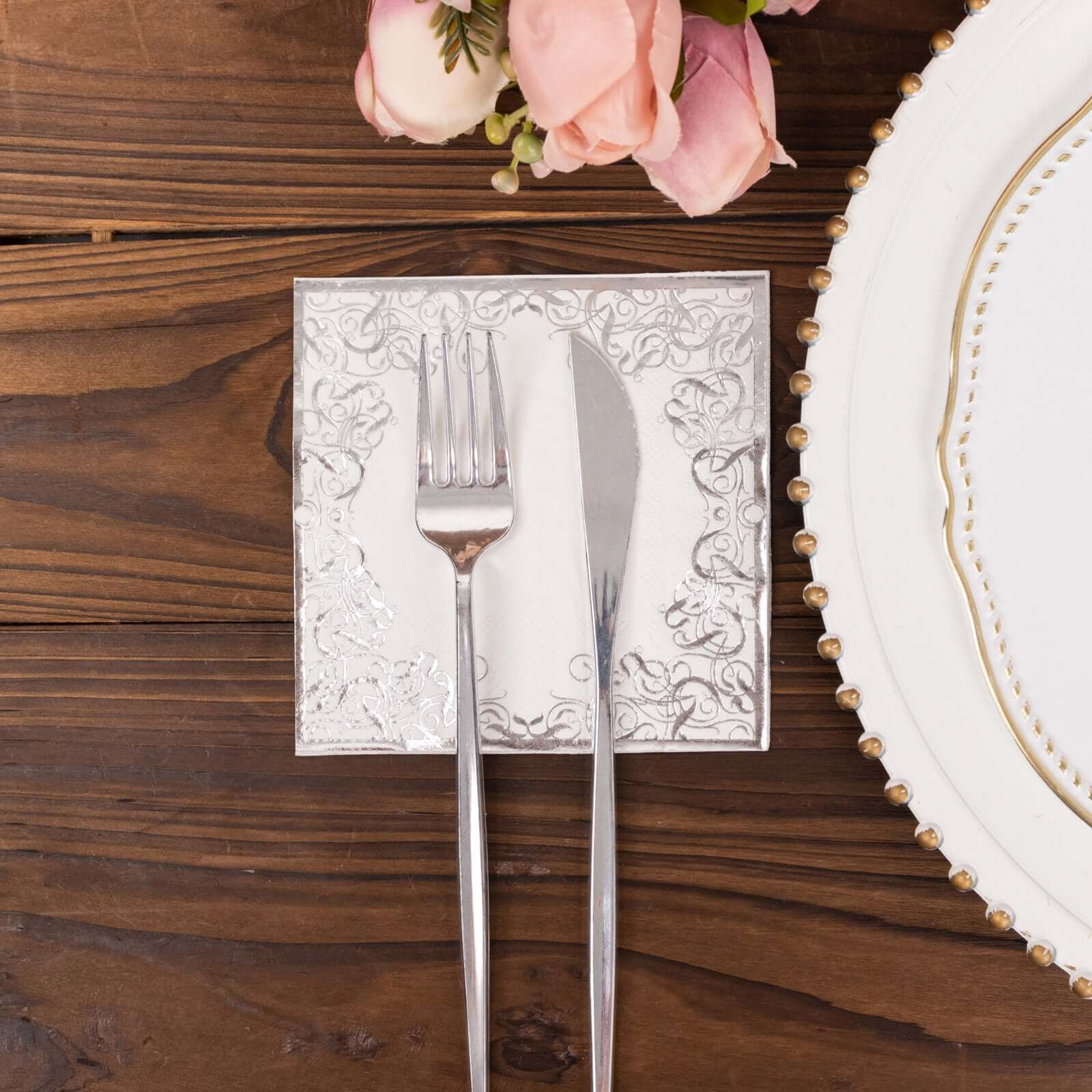 20 - Pack Paper Beverage Napkins with Silver Foil Lace Design White - 3 Ply Disposable 18GSM European Style Cocktail Napkins 5"x5" - Bell Racket Store